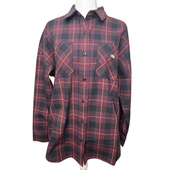Dickies Womens Bakerhill Oversized Black Plaid Button-Up Shirt Long Sleeve Small - Picture 8 of 15